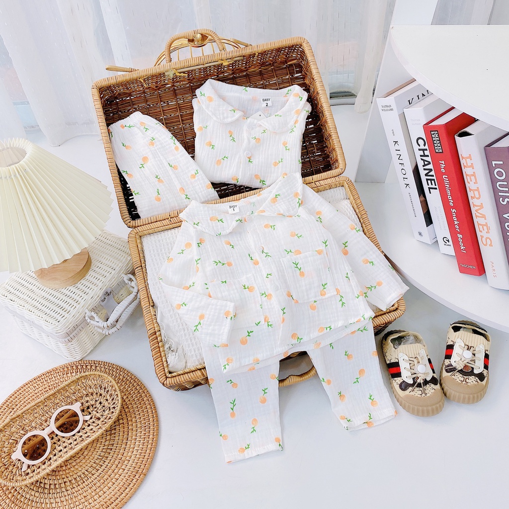 DT74 Bộ Dài Tay Vải Xô Muslin Nữ Siêu Hot Họa Tiết Hoa Quả Cho Bé Cực Xinh Chất Vải Xô Size Từ 7-18KG VNXK Nhật-Hàn