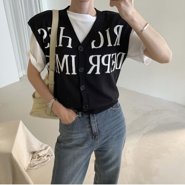 Áo Dệt Kim Sát Nách In Chữ Kiểu Retro Hàn Quốc Thời Trang