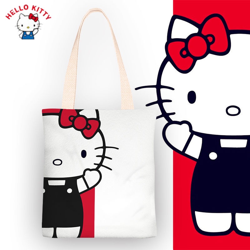 Hello Kitty cartoon canvas bag Túi vải túi một vai cô gái túi xách túi học sinh túi zipper túi túi môi trường