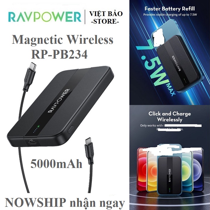 Sạc dự phòng sạc ko dây từ tính RAVPower RPPB234 dung lượng 5000mah