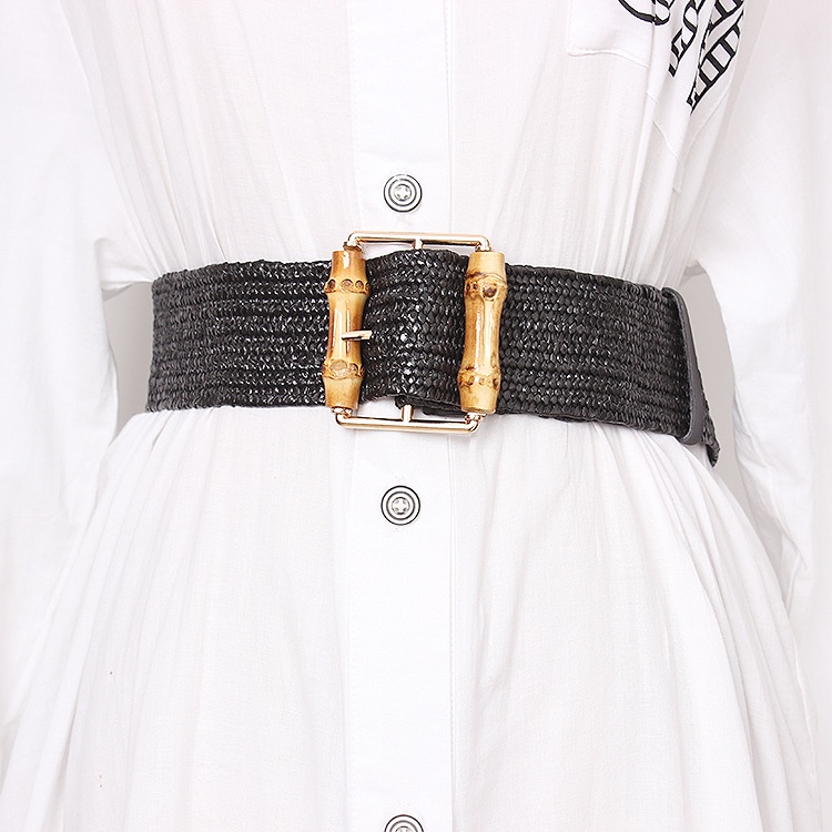 OFF WHITE Thắt Lưng Dệt Kim Tre Co Giãn Thương Hiệu Thời Trang Bohemian Dệt Kim Khóa Cài Màu Trắng Chất Lượng Cao Cho Nữ