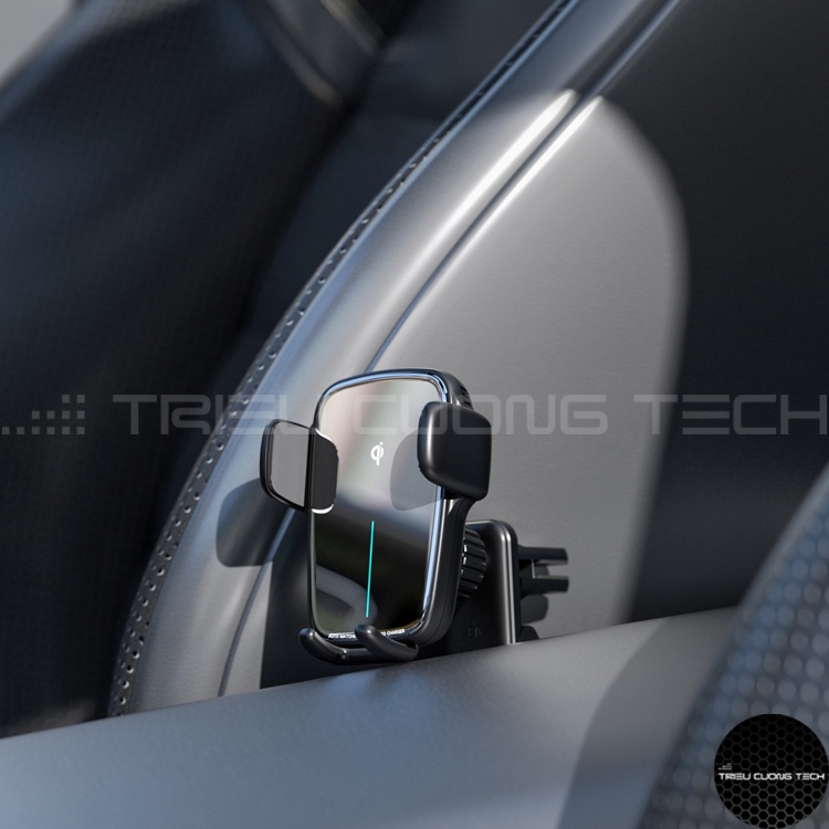 Giá Đỡ Điện Thoại Ô Tô Cảm Ứng Cao Cấp Hỗ Trợ Sạc Qi Triều Cường Tech-  Màu Đen- Sử Dụng Ngang Dọc - Tặng Kèm Đế Hít