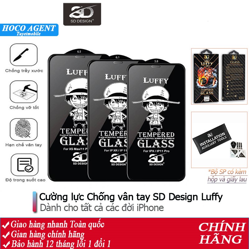 Kính cường lực SD 3D chống bám vân tay, miếng dán cho các đời IP - Chính hãng