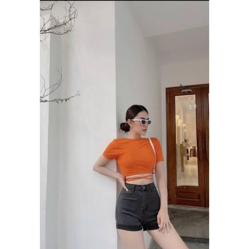 Áo croptop dây quấn eo tay ngắn mặt được 2 kiểu chất borip xịn hàng y hình ( free size từ 40-53kg)