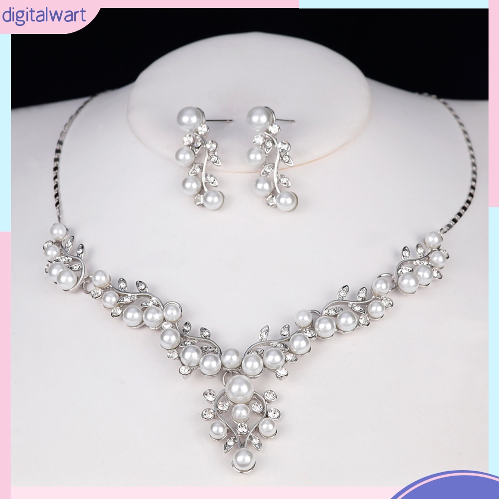 Bộ Vòng cổ + Bông Tai Hình Chiếc Lá Đính Kim Cương Giả &amp; Ngọc Trai Giả Cho Nữ