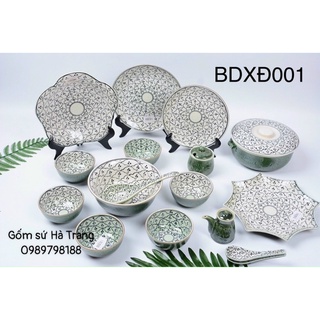 Các món bát đĩa lẻ của bộ bát đĩa gốm sứ Bát Tràng cao cấp men lục bảo vẽ bèo dâu
