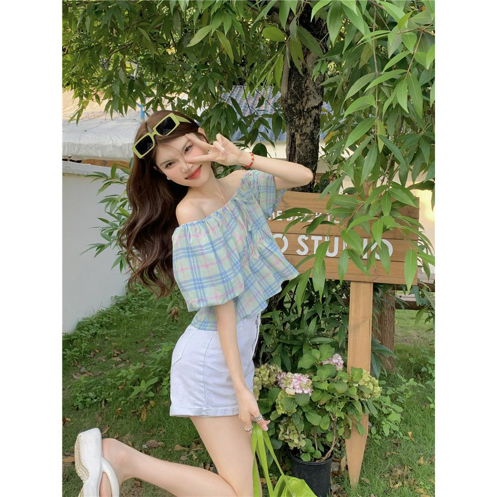 Áo Kiểu Cổ Vuông Tay Phồng Họa Tiết Sọc Caro Phong Cách Hàn Quốc Thời Trang Cho Nữ