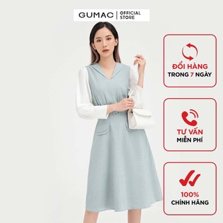 Đầm ôm nữ tay dài đai eo GUMAC thiết kế công sở thanh lịch màu xanh DB440
