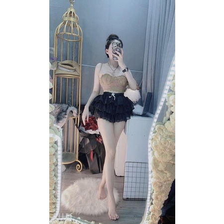 Set áo ren nâu chân váy tầng tơ phối nơ siêu xinh