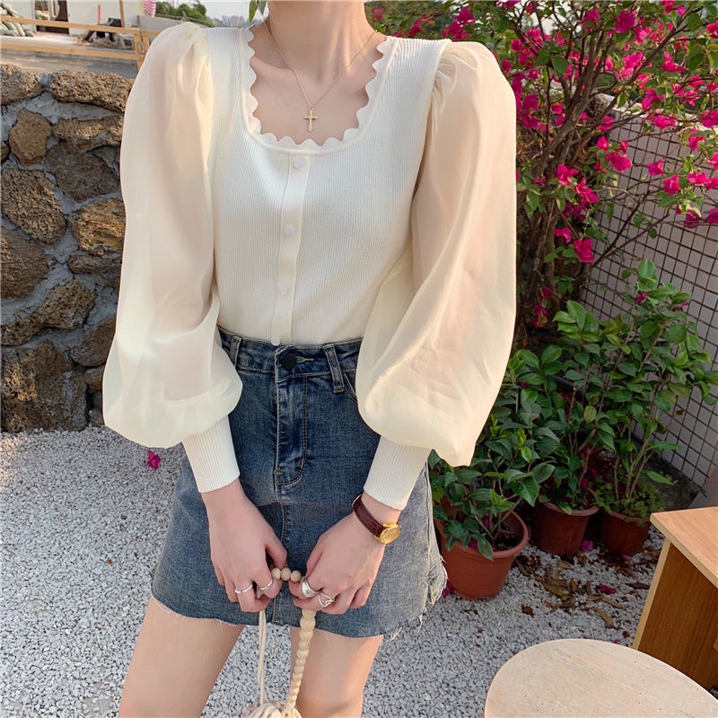 Áo chiffon dệt kim cổ vuông phong cách retro cho nữ