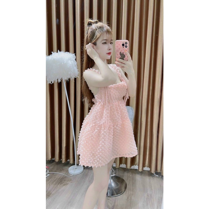 Đầm Thời Trang Nữ- Đầm Xốp Lông Ô Vuông 2 Dây Xoè Cột Nơ Ngay Dây Ngực, Váy Xoè Dễ Thương