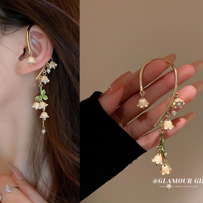 Khuyên Tai Dạng Móc Không Xỏ Lỗ Hình Hoa Lily Cổ Điển Phối Tua Rua Phong Cách Pháp Ngọt Ngào Tươi Mới