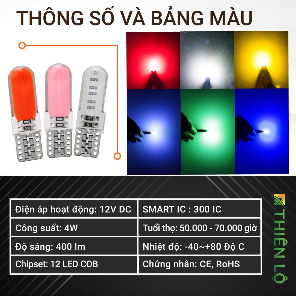 Bộ 2 Bóng đèn LED demi xi nhan chân T10 12 Chip COB siêu sáng bọc SIlicon cho ô tô xe màu cao cấp của Thiên Lộ