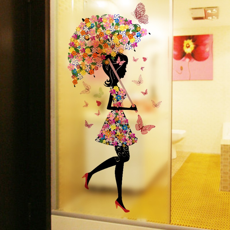 Decal dán kính cao cấp - Cô Gái Cây Dù Hoa ( 60x116cm )