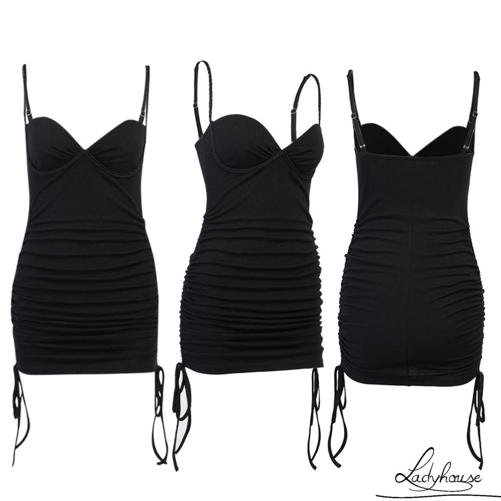 LD-Women Ribbed Slip Dress, Adults Sleeveless Ruched V-Neck Spaghetti Strap Side Drawstring High Waist One-piece