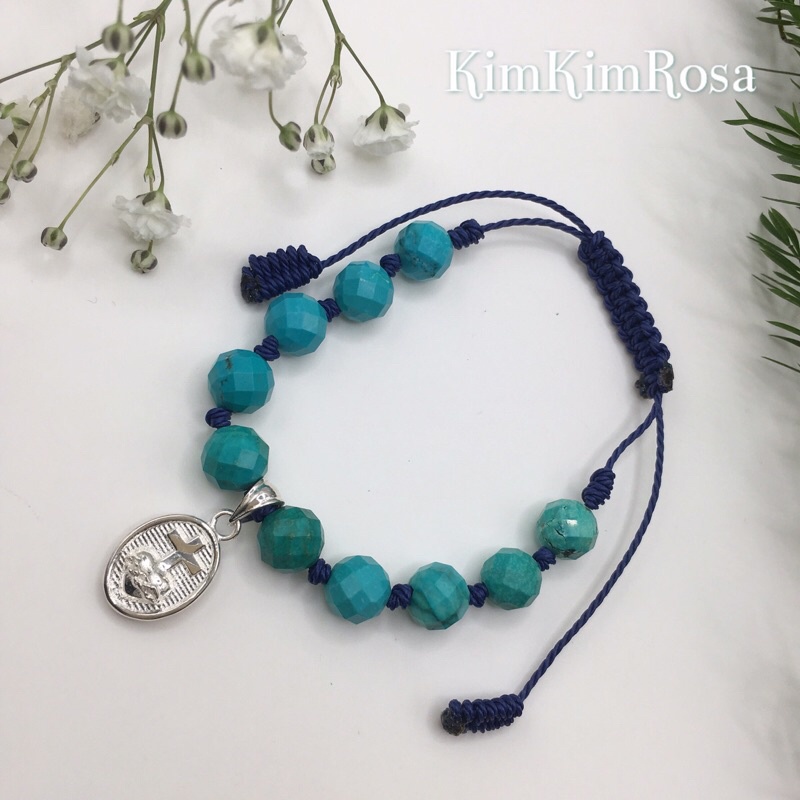 Chuỗi Mân Côi vòng tay đá màu xanh Ngọc lam Thánh Giá bạc Đức Mẹ S925 KimKimRosa Jewelry trang sức Rosary bracelet silve