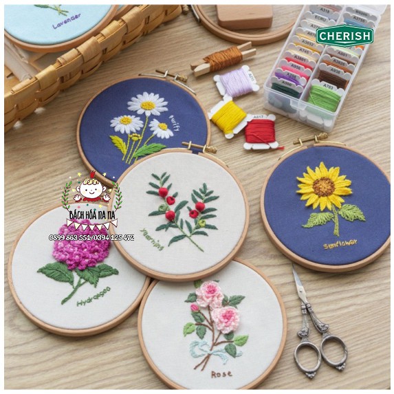 Bộ Kit tự làm trang trí Gói nguyên liệu DIY thêu nhành hoa Vintage (CÓ KÈM Khung thêu) Bách hóa Na Na Handmade Shop