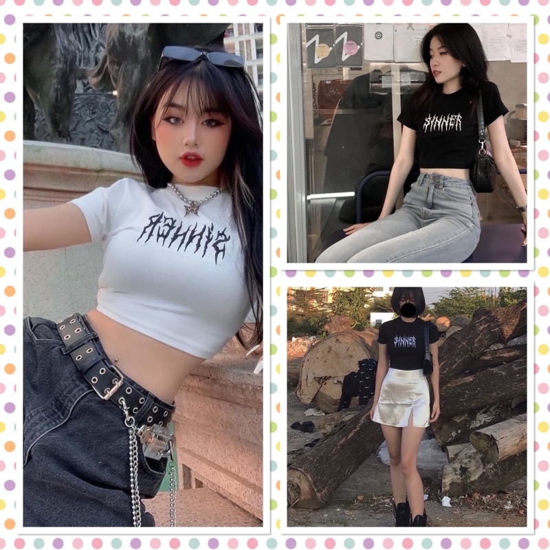 Áo croptop sinner cá tính trẻ trung chất cotton mịn co dãn màu sắc trắng đen cơ bản dễ phối đồ