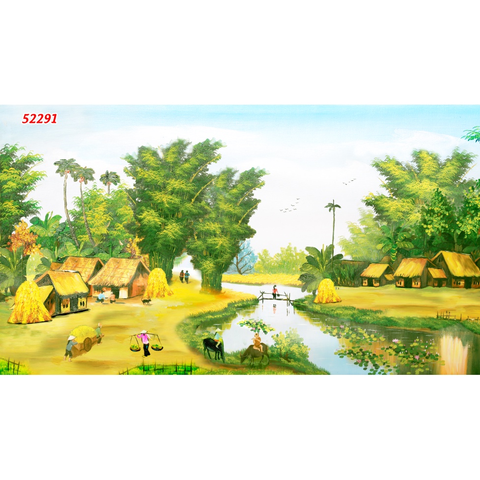 Tranh Làng Quê Việt Nam Thời Xa Xưa nhiều kích thước, làm theo yêu cầu, không giời hạn kích thước