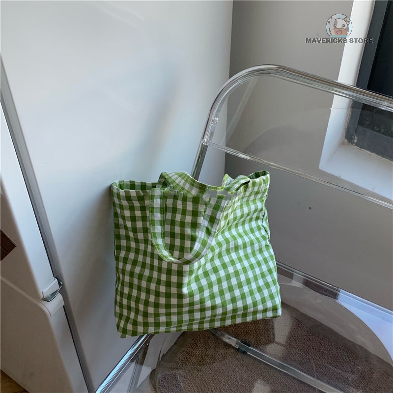 Túi xách đeo vai vải lanh cotton họa tiết sọc ca rô dễ thương phong cách retro hàn quốc