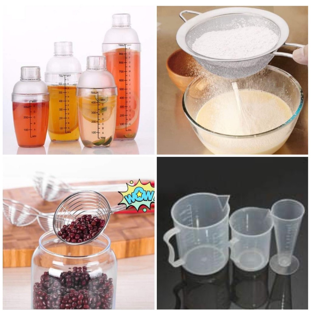 Combo 3 món pha chế bếp bánh: Shaker, rây lọc, vợt múc topping