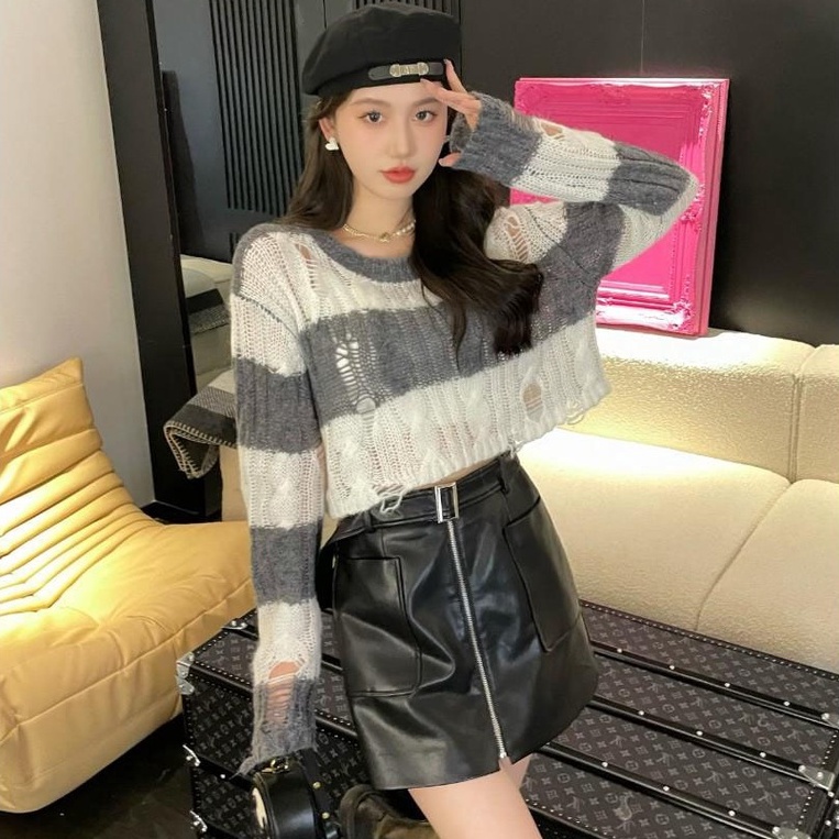 Áo len ZHELIHANGFEI tay dài họa tiết sọc thời trang dễ thương cho nữ