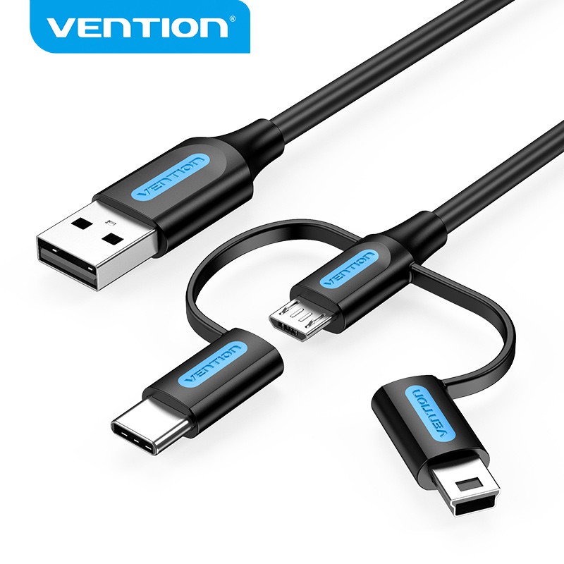 Dây cáp VENTION 3 trong 1 giắc cắm USB sang USB Type C Micro B Mini B FCP QC 2A dài 0.5m 1m sạc nhanh cho điện thoại