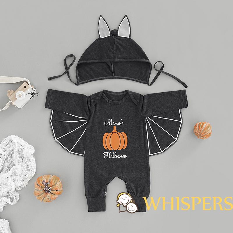 Bộ Áo Liền Quần Tay Dài Cổ Tròn In Chữ Và Hình Quả Bí Ngô Kèm Mũ Tai Cánh Dơi Thời Trang Halloween Cho Bé Trai Và Gái