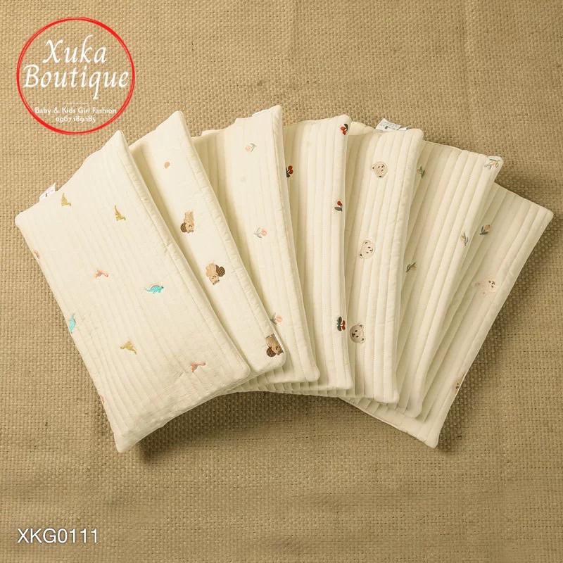 Gối Ngủ Cho Bé Sơ Sinh Mỏng Thêu Hoạ Tiết Xinh Xắn Style Hàn Quốc Hình Chữ Nhật Chất Liệu Cotton Thoáng Khí