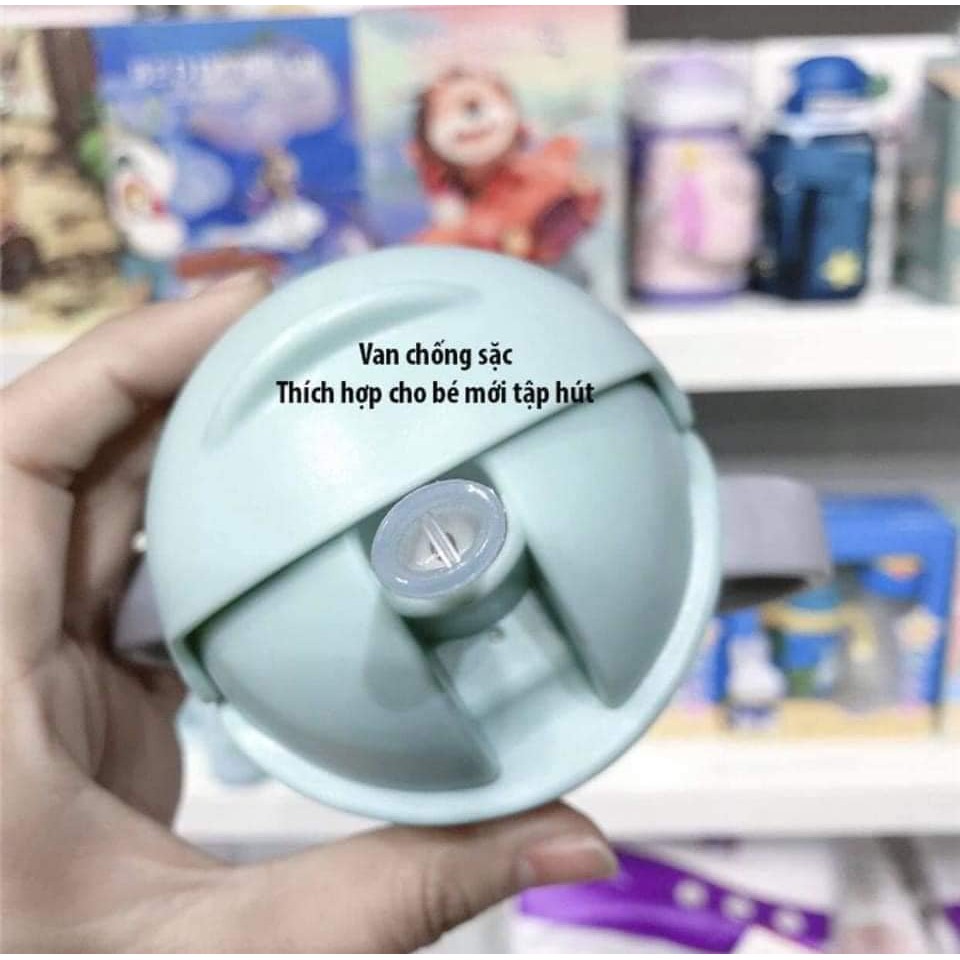 Bình tập uống nước cho bé có ống hút chống sặc chống tràn hình heo nắp gạt dây đeo 350ml Bình nước hình lợn có tay cầm