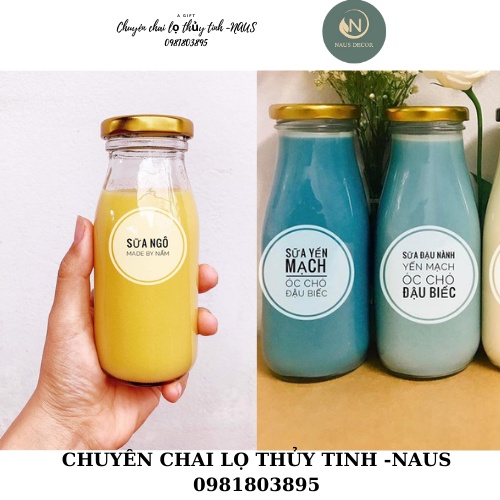 CHAI THỦY TINH 250ML ĐỰNG SỮA HẠT, NƯỚC TRÁI CÂY nắp vàng NAUS