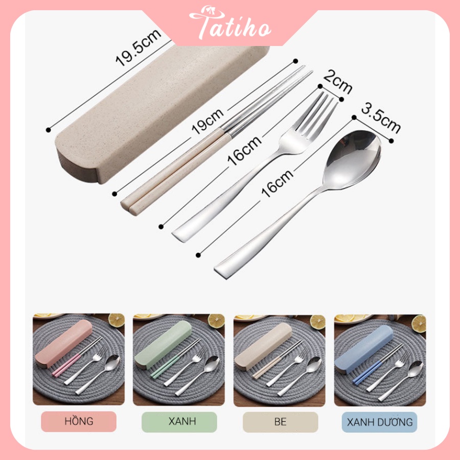 [Hàng Xịn, Giá Tốt] Bộ 3 Món Đũa, Muỗng, Nĩa Lúa Mạch Chất Liệu Inox 304 Không Rỉ Kèm Hộp - Mã HH003
