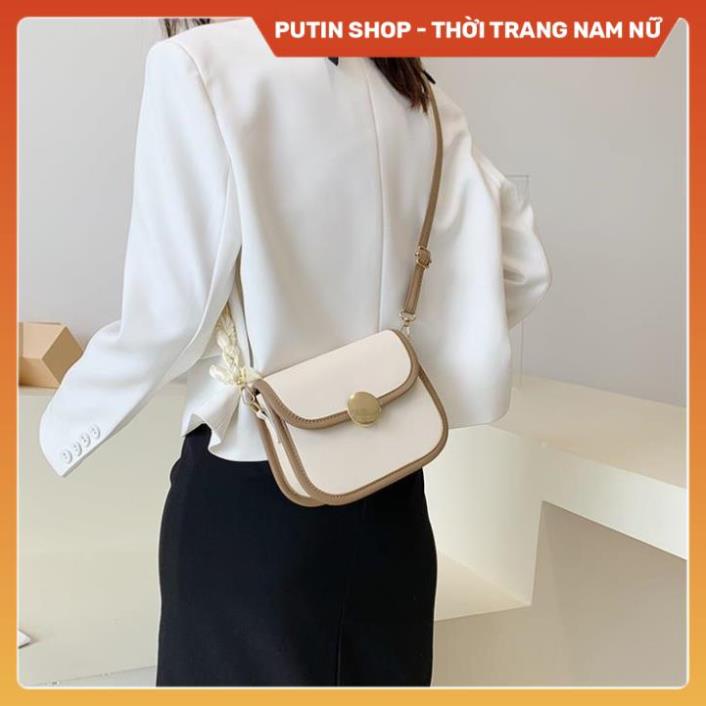 Túi đeo chéo nữ WAP HOUSE đi du lịch,  Túi xách thời trang trắng đen kem viền nâu quai tết phong cách châu âu