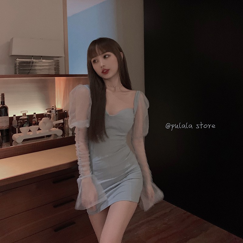 Váy màu xanh pastel cổ vuông cúp ngực tay phối voan lưới sexy quyến rũ ôm body