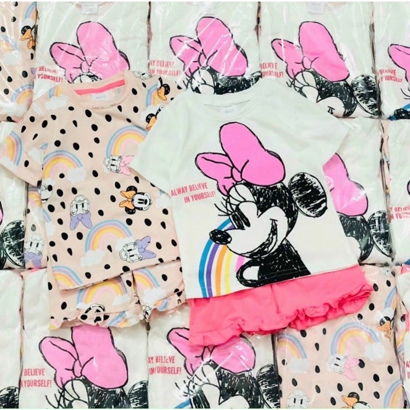 Set 2 bộ beo Mickey winnie bé gái, bộ thun cotton mặc nhà Hồng trắng họa tiết hoạt hình dễ thương đáng yêu mềm mịn