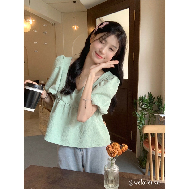 Áo Sơ Mi Tay Phồng Ngắn Cổ Vuông Màu Trơn Ngọt Ngào Thời Trang Cho Nữ