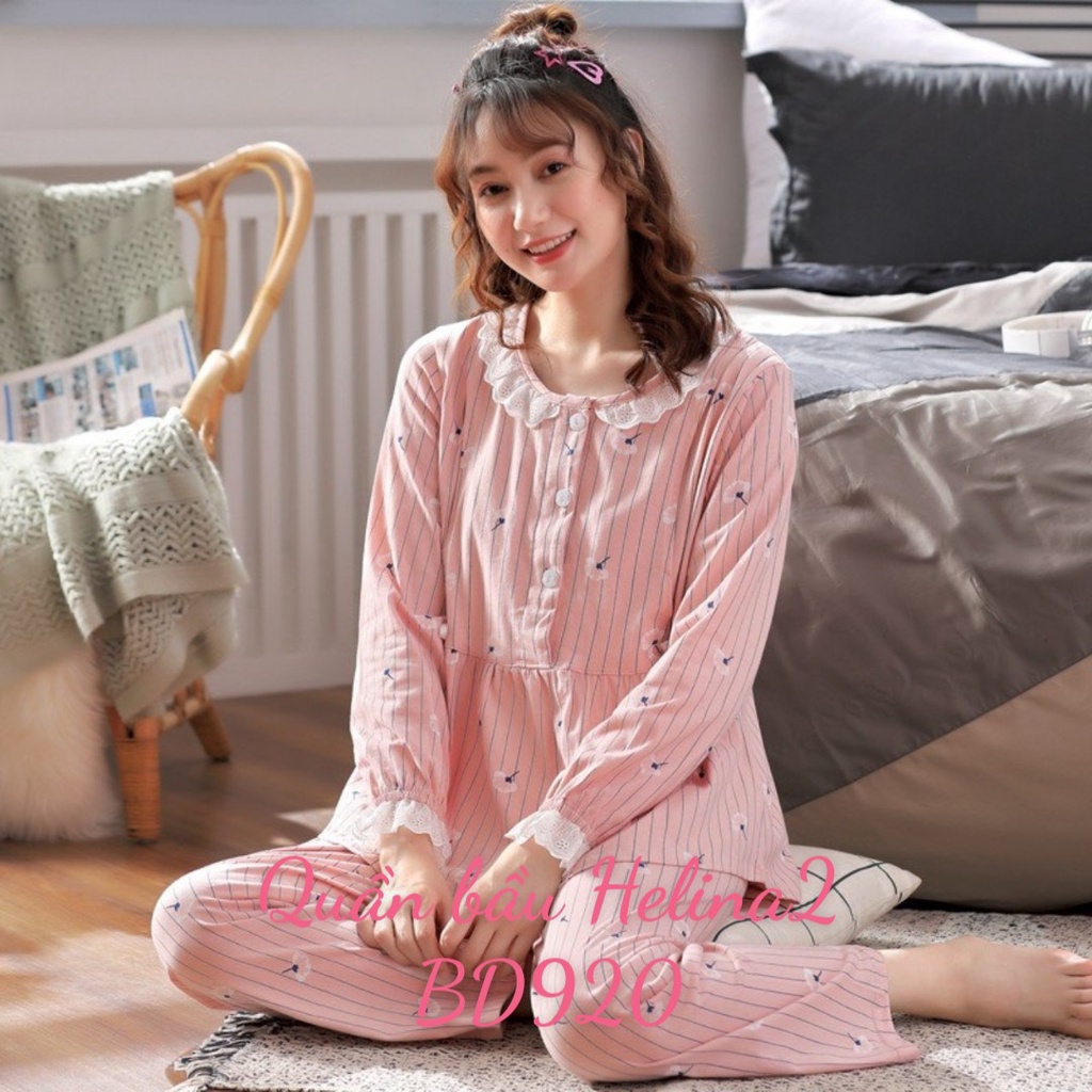 Bộ đồ bầu dài tay chất cotton mặc bầu và sau sau sinh BD920