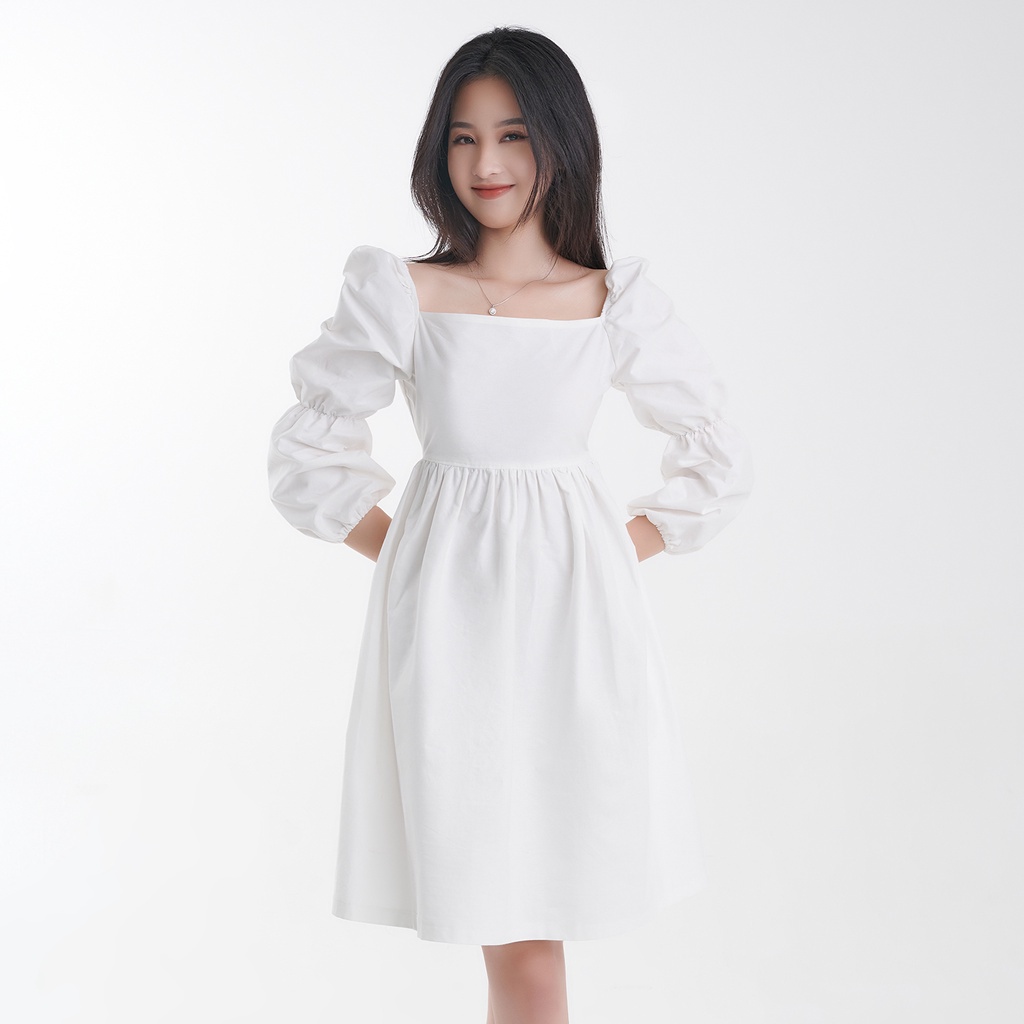 Váy Dạo Phố HARRIET DAISY Trắng Tay Bồng, Hở Lưng Thắt Nơ Nữ Tính