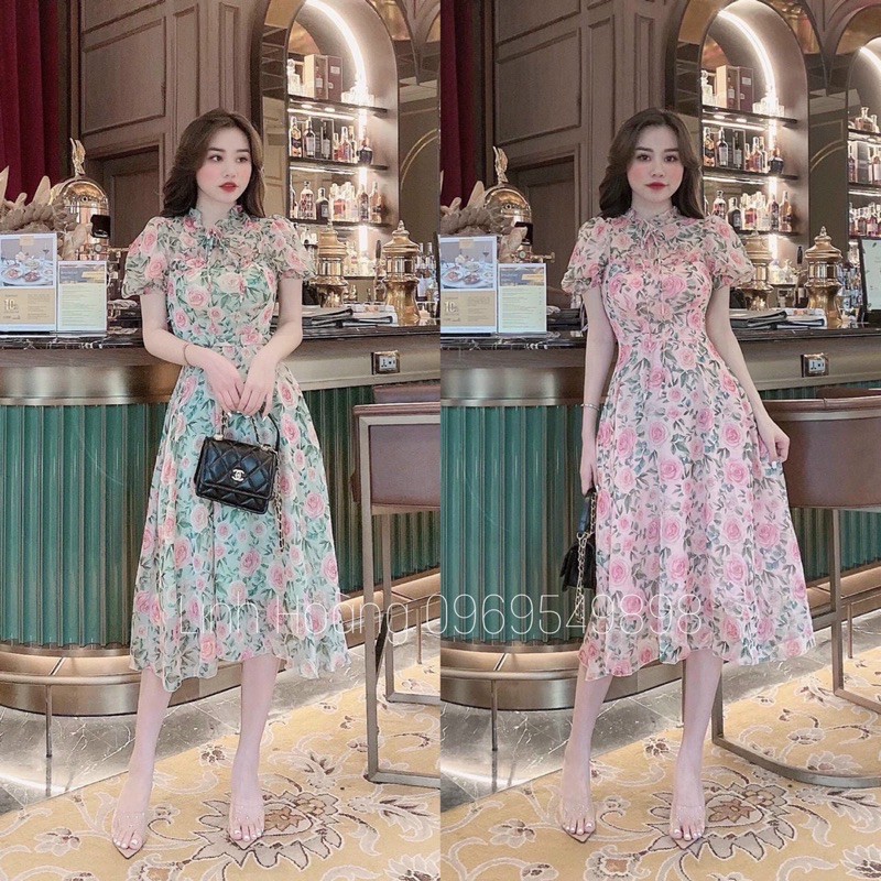 [Mã FAGREEN245 giảm 10% tối đa 30K đơn 99K] Váy maxi hoa khoét ngực cổ bèo