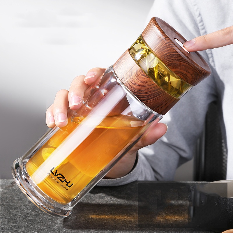 ℡♂✙Chai nước 400ML Loại kinh doanh Chai thủy tinh với Bộ lọc trà bằng thép không gỉ Bộ lọc đôi vách kính thủy tinh Thể t