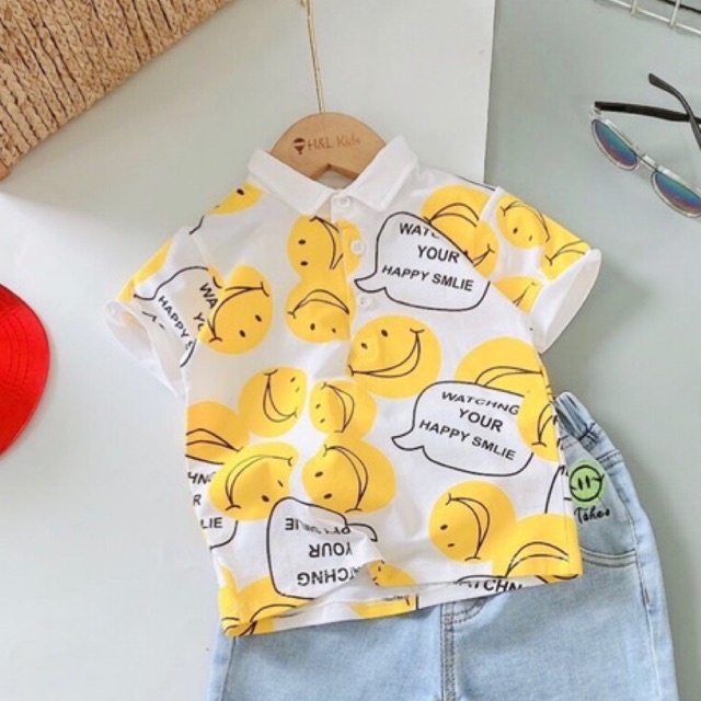 Áo bé trai cổ trụ thun in hình mặt cười size 2,3,4
