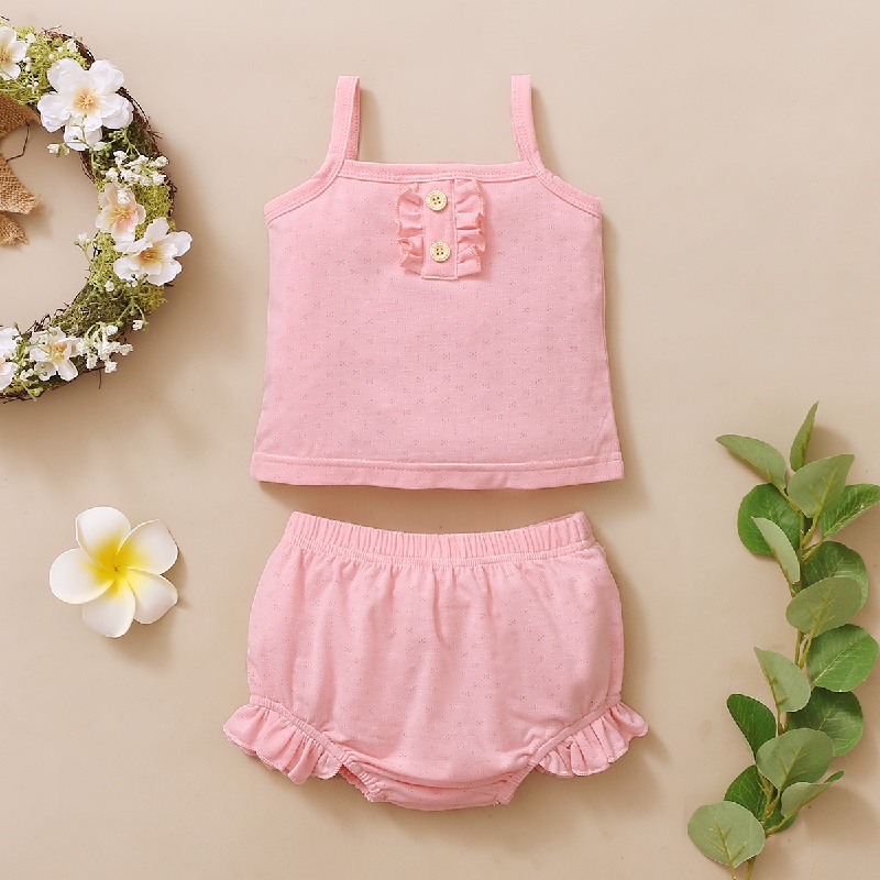 Bộ đồ 2 mảnh MIKRDOO gồm áo dây và quần short cotton màu trơn cho bé gái sơ sinh