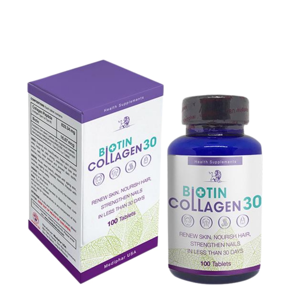 Viên uống Biotin Collagen 30 - Viên uống đẹp da, hỗ trợ mọc tóc Mediphar USA sản xuất chuẩn GMP - Hộp 100 viên nén
