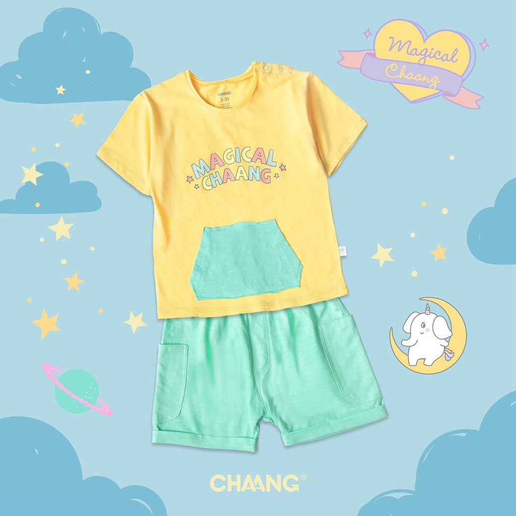 [RẺ VÔ ĐỊCH] Bộ cộc tay cúc vai túi bụng xanh vàng magical Chaang - CHA0378