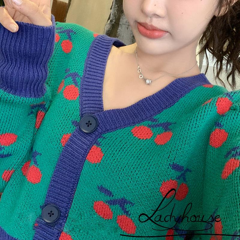 Áo khoác cardigan dệt kim cổ chữ V in họa tiết quả cherry phong cách cổ điển thời trang mùa thu cho nữ