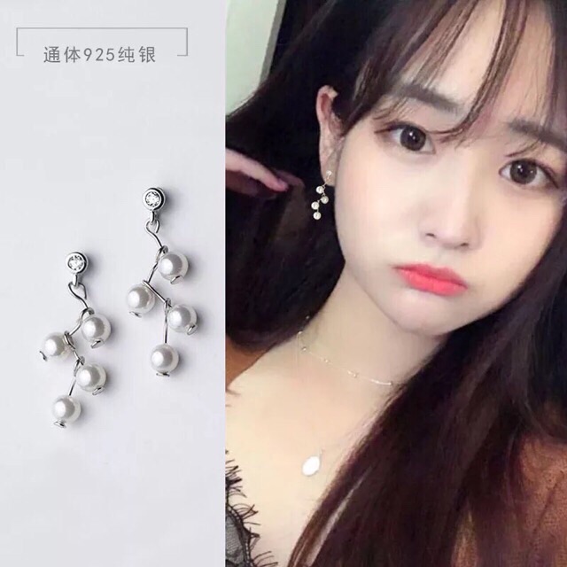 Bông tai bạc s925 style hàn quốc chuỗi hạt Ngọc nhân tạo cực xinh