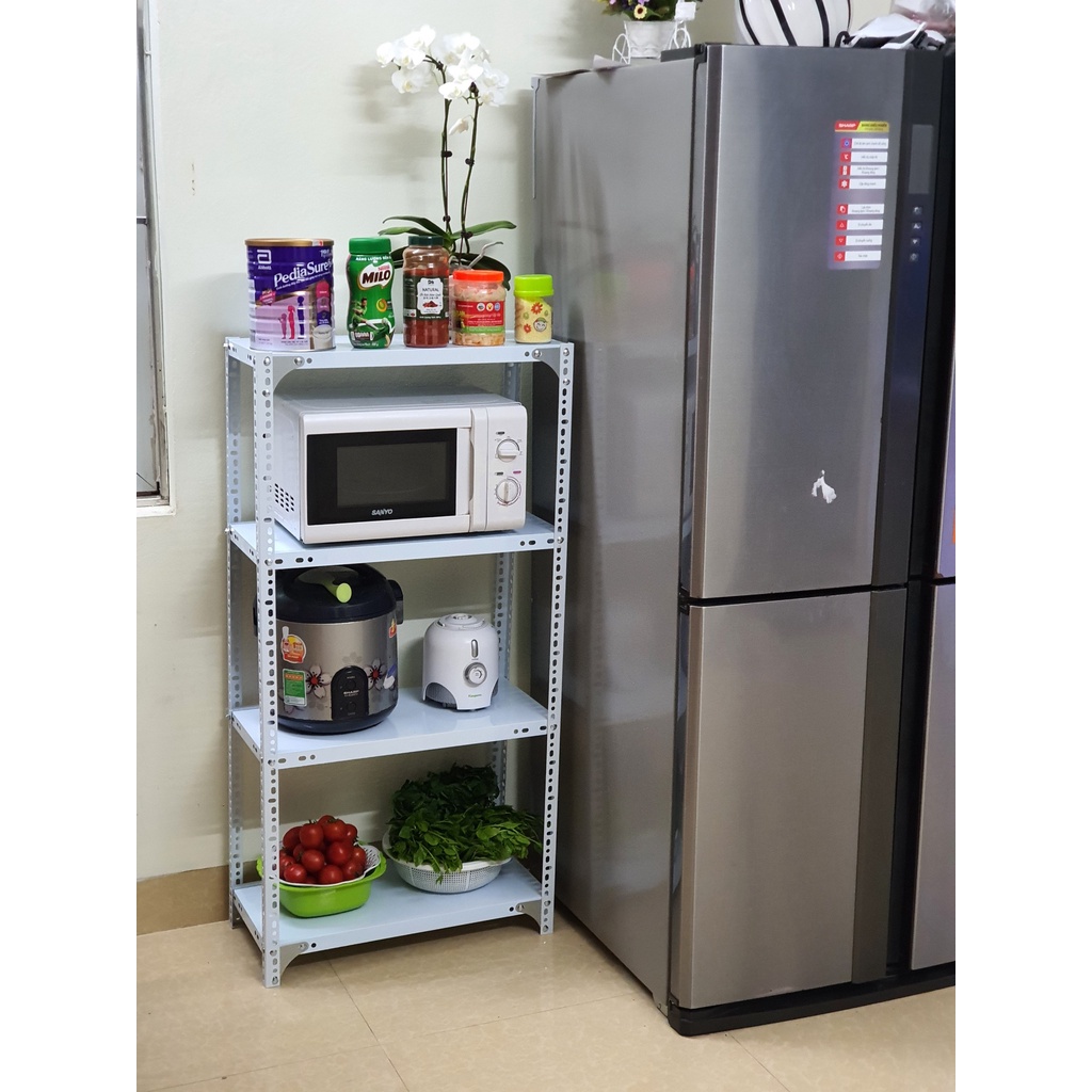 Kệ sắt v lỗ đa năng 4 tầng màu trắng dài 1m, cao 1,5m, rộng 0,3m