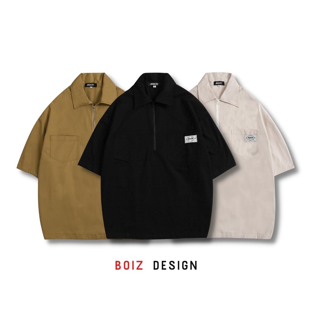 Áo sơ mi nam tay ngắn BOIZ áo sơ mi nam nữ unisex form rộng cổ áo có dây kéo