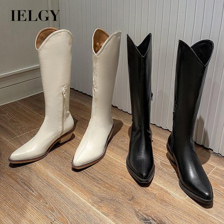 Ielgy Giày Bốt Cao Qua Gối Mũi Nhọn Gót Dày Màu Trắng Phong Cách Hàn Quốc Cổ Điển Thời Trang Cho Nữ