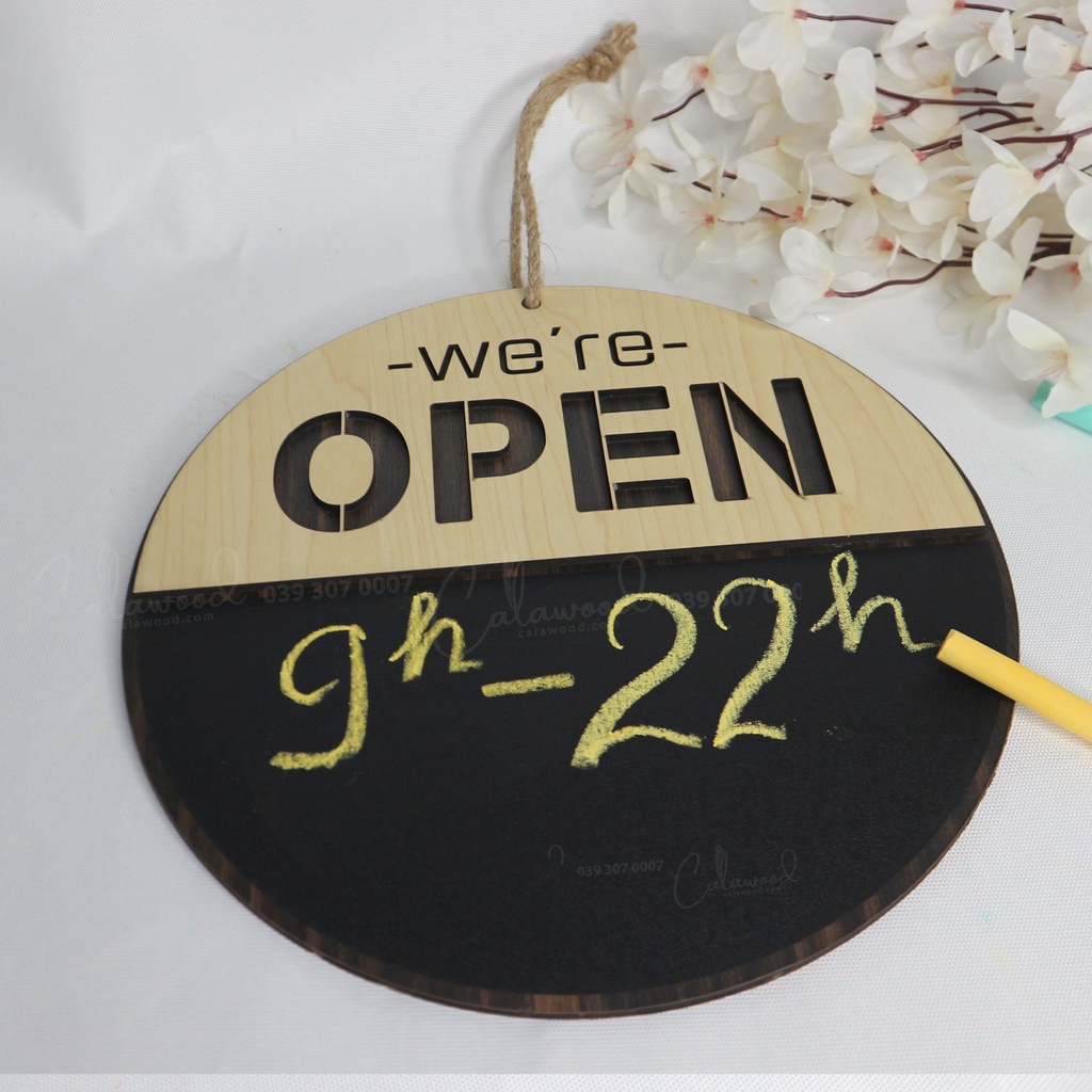 Bảng gỗ 🏠🏡OPEN CLOSE hình tròn🏠🏠Bảng Decal viết phấn 2 mặt có dây treo trang trí quán, cửa hàng...
